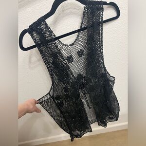 Black Crochet Open-Front Vest